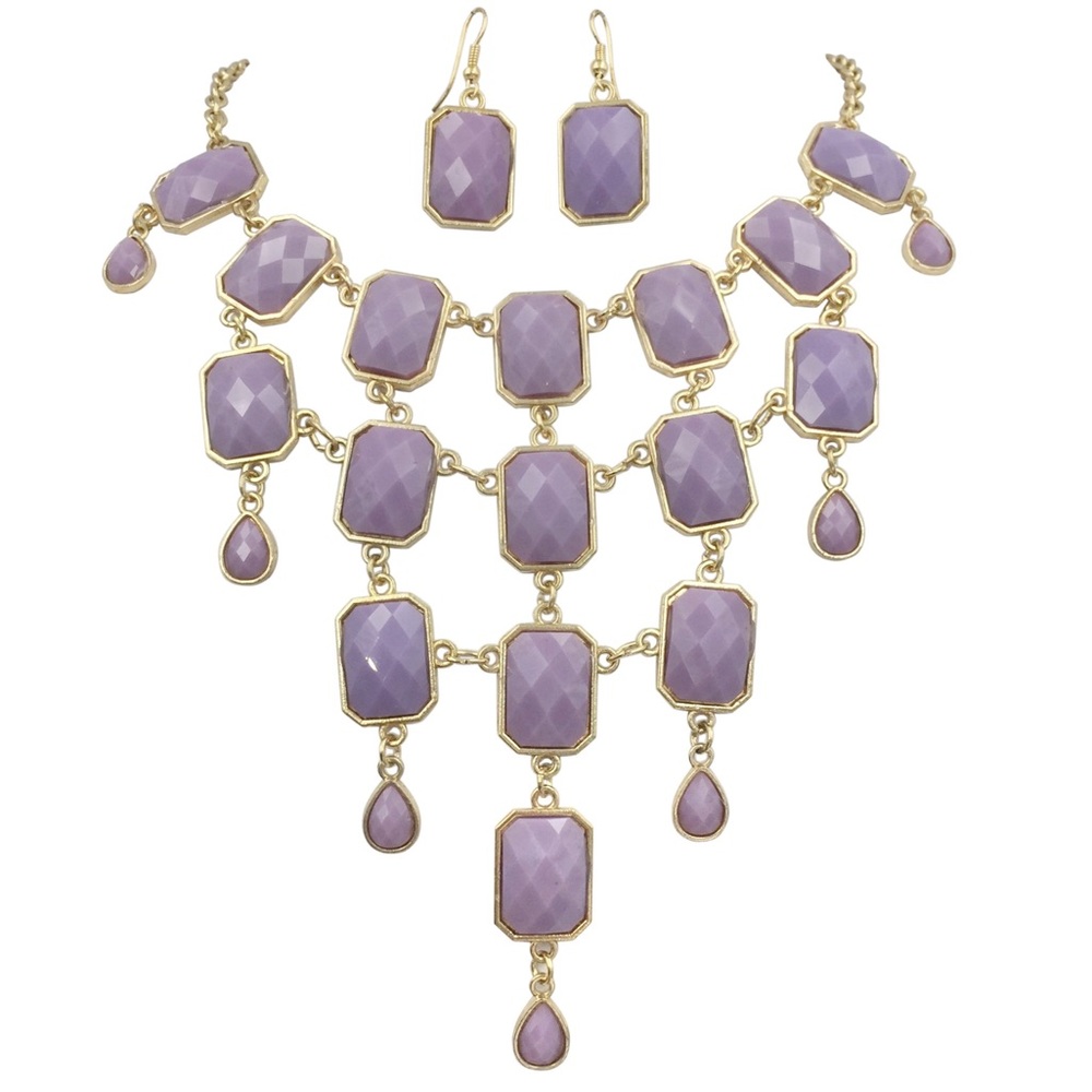 Lavender Purple Statement Bib Necklace Earring Set - Picture 1 of 3